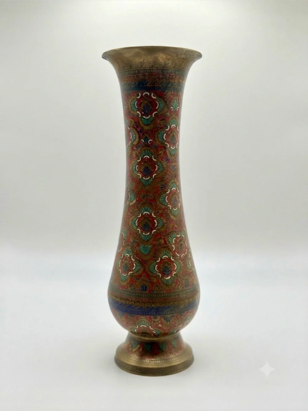 Vintage Chinese Cloisonné Brass Vase 11.5” Red Floral Enamel Asian Decor